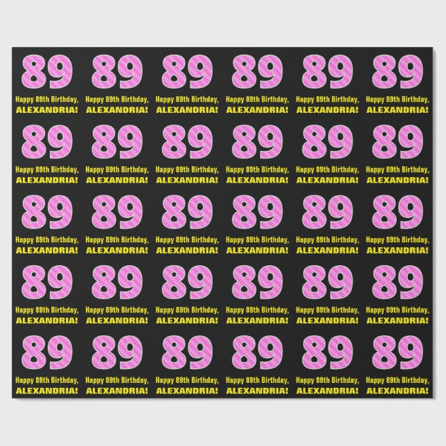 89th Birthday: Pink Stripes and Hearts "89" + Name Wrapping Paper (Flat)