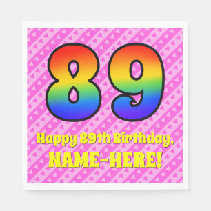 89th Birthday: Pink Stripes & Hearts, Rainbow # 89 Napkin