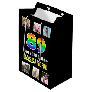 89th Birthday: Rainbow “89“, Custom Photos & Name Medium Gift Bag