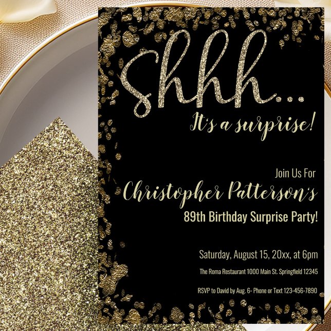 89th Birthday Surprise Party Invitation Gold Black (Creator Uploaded)