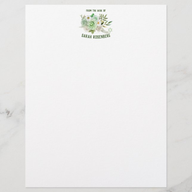 8.5" x 11" Stationery Paper Green Roses Custom Letterhead (Front)
