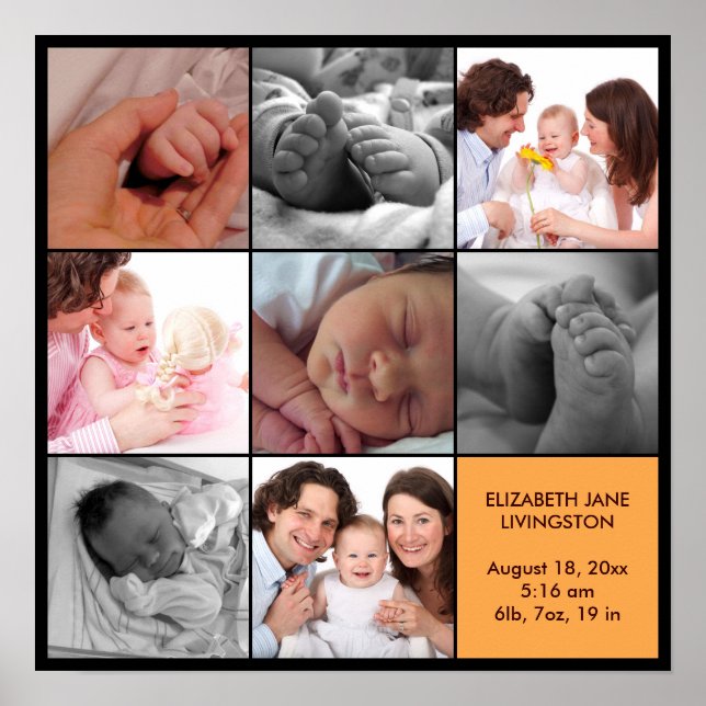 8 baby photo modern collage yellow black border poster (Front)