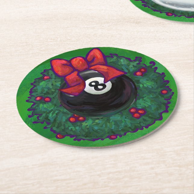 8 Ball Christmas Wreath Round Paper Coaster (Angled)