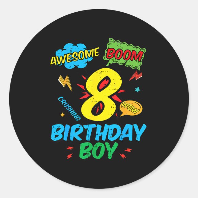 8 Birthday Boy Comic Cool 8th Bday Superhero Party Classic Round Sticker (Front)