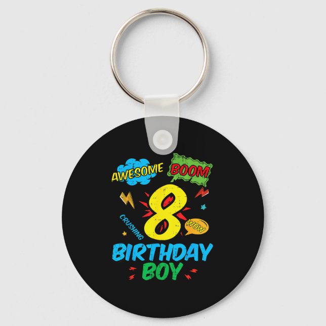 8 Birthday Boy Comic Cool 8th Bday Superhero Party Key Ring (Front)