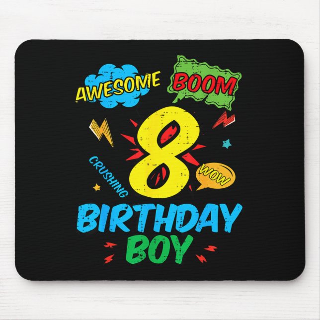 8 Birthday Boy Comic Cool 8th Bday Superhero Party Mouse Pad (Front)