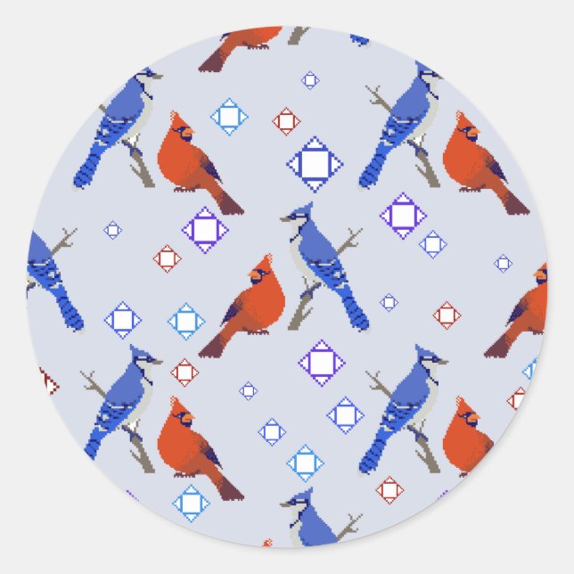 8-bit Bluejay Cardinal Pattern Classic Round Sticker (Front)