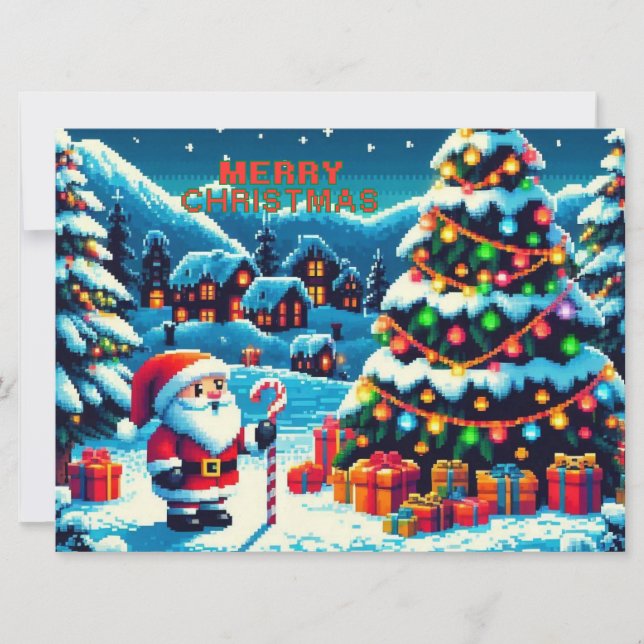 8 bit Christmas tree & Santa Holiday Card (Front)