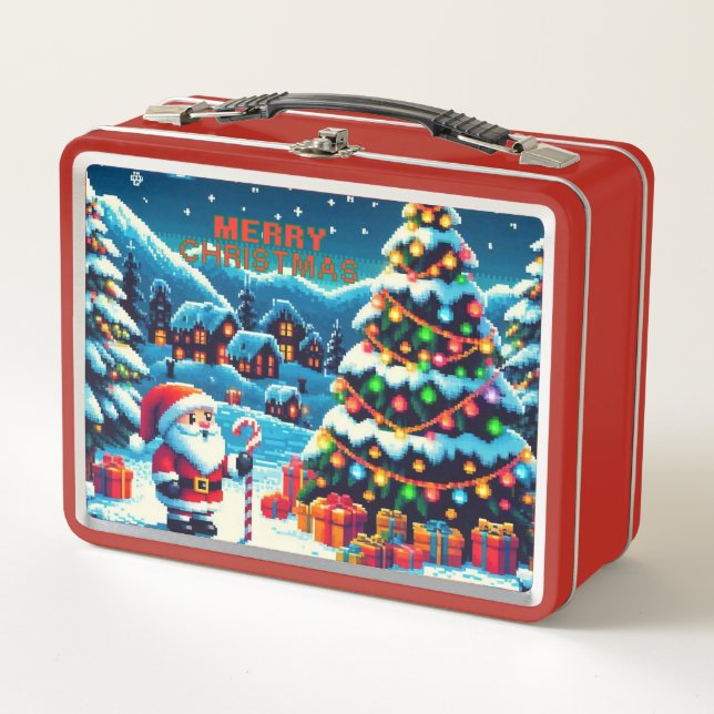 8 bit Christmas tree & Santa Metal Lunch Box (Front)