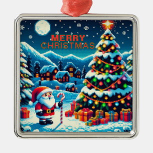 8 bit Christmas tree & Santa Metal Ornament