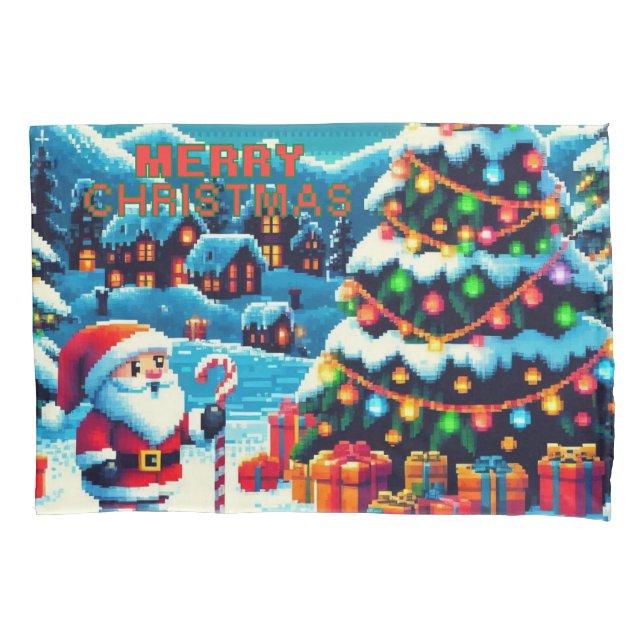 8 bit Christmas tree & Santa Pillowcase (Front)