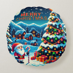 8 bit Christmas tree & Santa Round Cushion