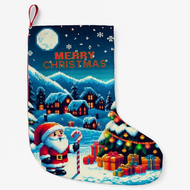 8 bit Christmas tree & Santa Small Christmas Stocking (Front)