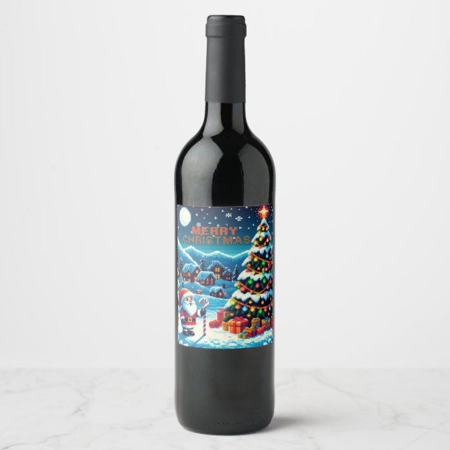 8 bit Christmas tree & Santa Wine Label (Front)