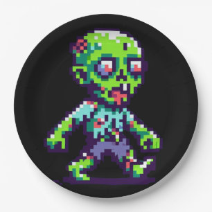 8-bit funny zombie Halloween Paper Plate