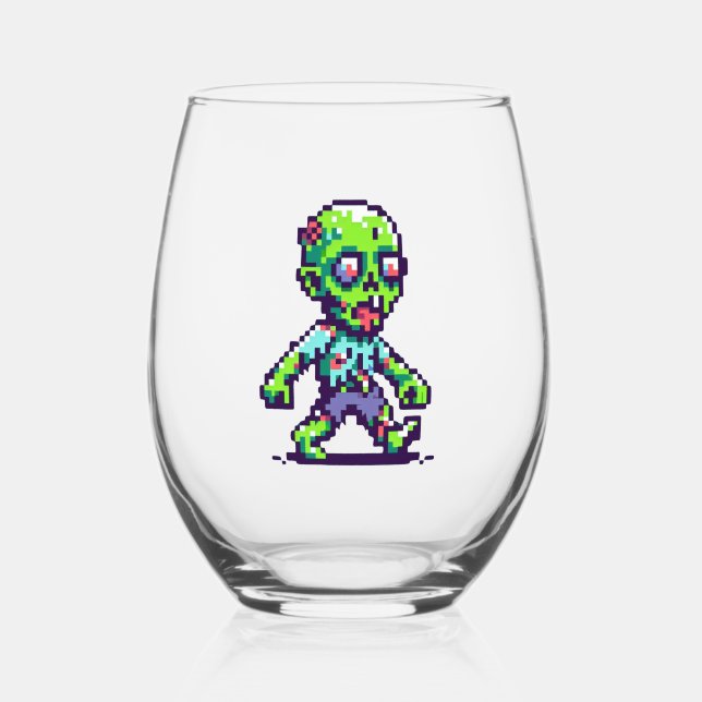 8-bit funny zombie Halloween  Stemless Wine Glass (Back)