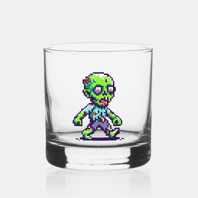 8-bit funny zombie Halloween  Whiskey Glass (Back)