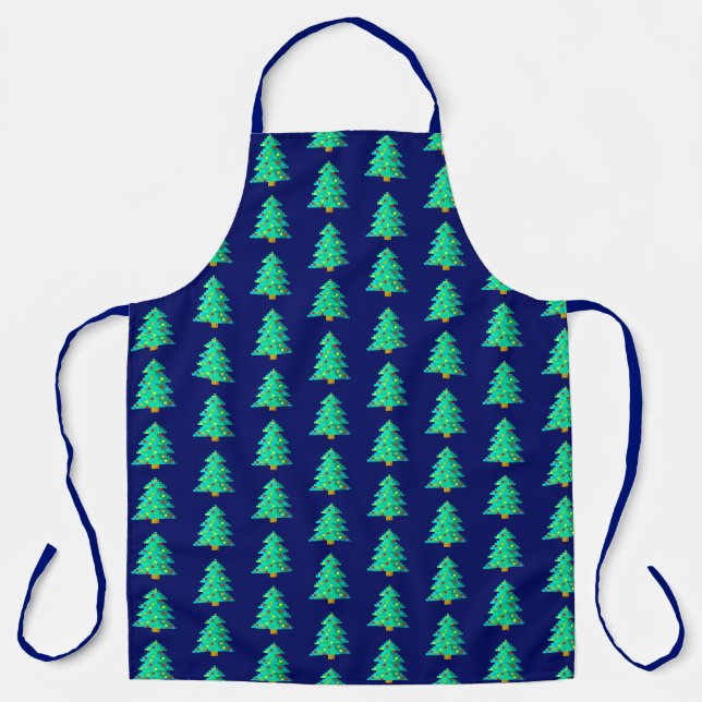 8 bit Green Christmas Tree Modern Geek Navy Blue Apron (Front)