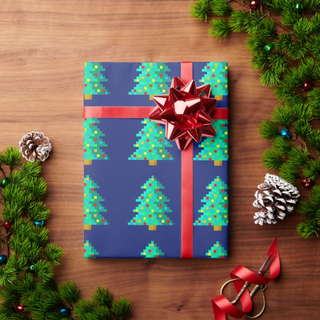 8 bit Green Christmas tree with blue background Wrapping Paper (Holiday Gift)