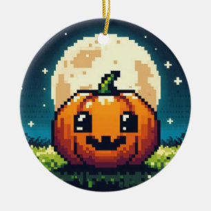 8-bit Halloween pumpkin under the moon Ceramic Ornament