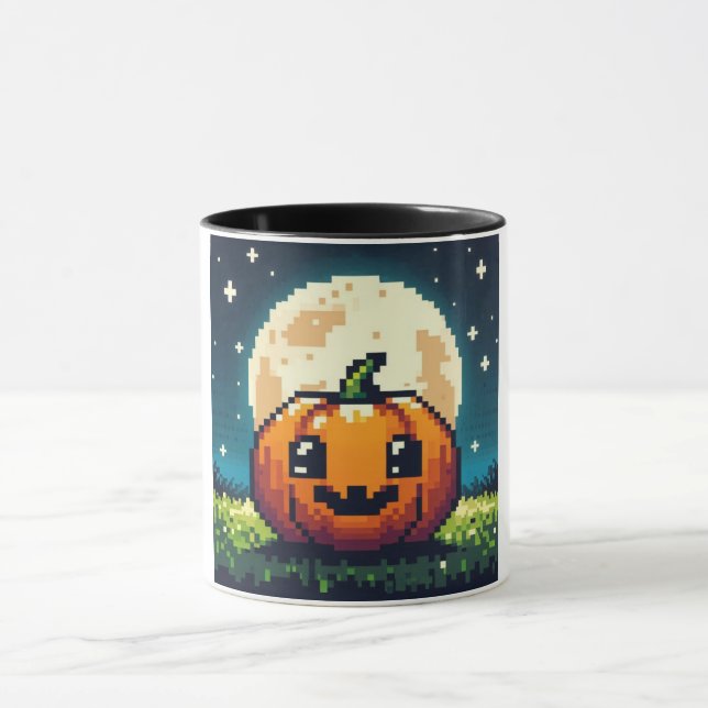 8-bit Halloween pumpkin under the moon Mug (Center)