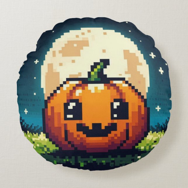 8-bit Halloween pumpkin under the moon Round Cushion (Front)