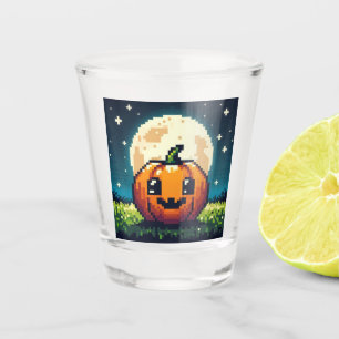 8-bit Halloween pumpkin under the moon Shot Glass