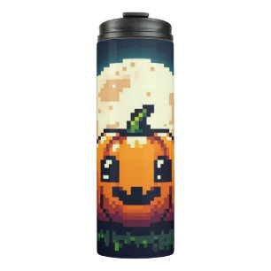 8-bit Halloween pumpkin under the moon Thermal Tumbler