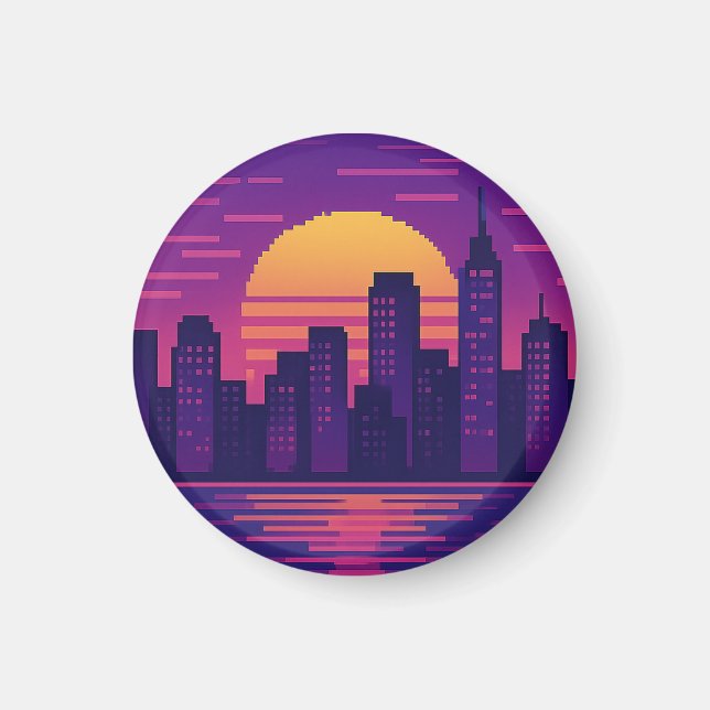 8 bit neon city badge magnet (Front)