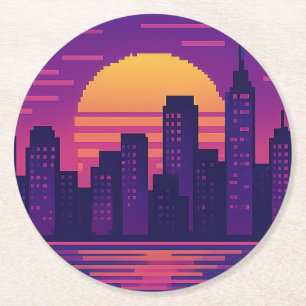 8 bit neon city badge round paper coaster