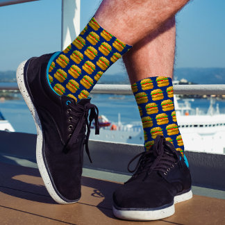  8-bit Pixel Art Burger Fun Quirky Geeky Navy Blue Socks