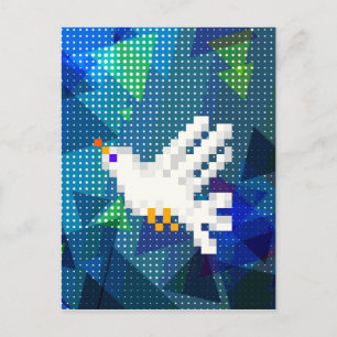 8-bit pixel art white dove bird flying postcard