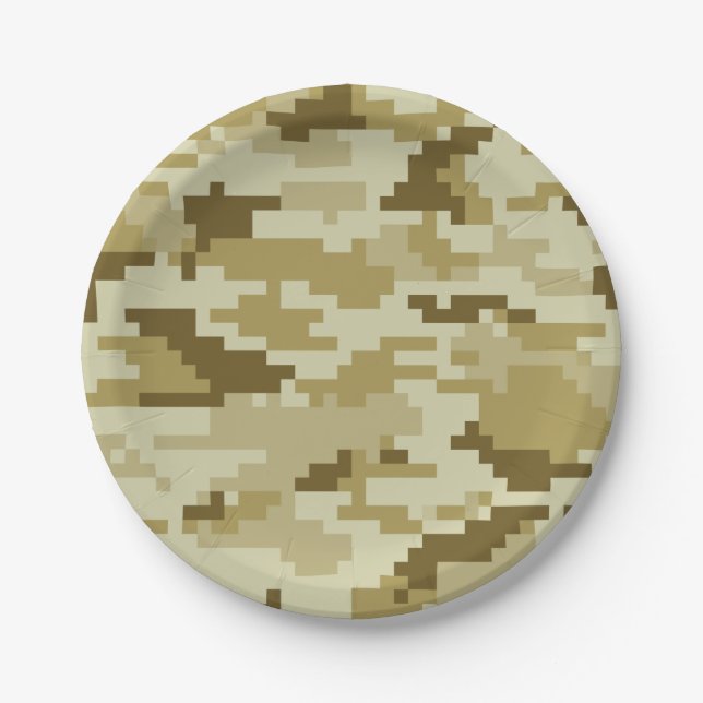 8 Bit Pixel Digital Desert Camouflage / Camo Paper Plate (Front)
