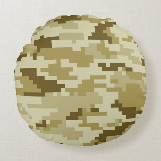 8 Bit Pixel Digital Desert Camouflage / Camo Round Cushion (Front)
