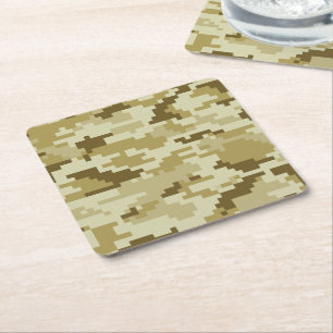 8 Bit Pixel Digital Desert Camouflage / Camo Square Paper Coaster