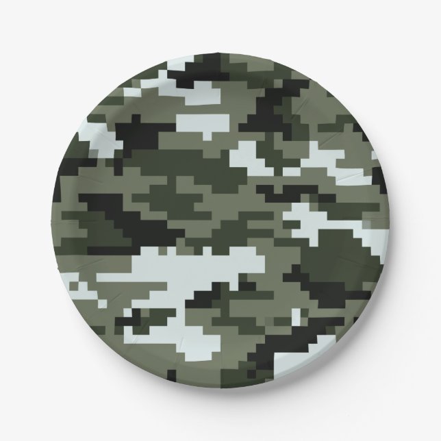 8 Bit Pixel Digital Urban Camouflage / Camo Paper Plate (Front)