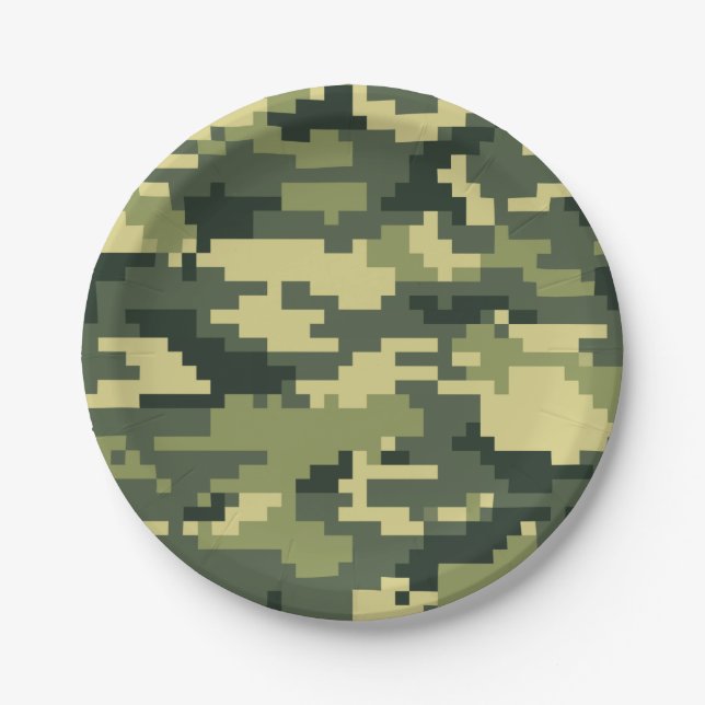 8 Bit Pixel Digital Woodland Camouflage / Camo Paper Plate (Front)