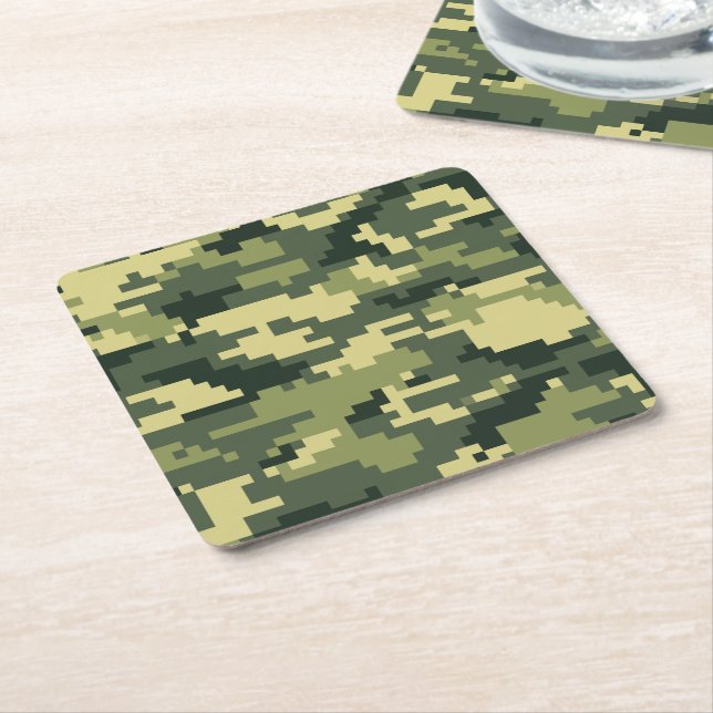 8 Bit Pixel Digital Woodland Camouflage / Camo Square Paper Coaster (Angled)