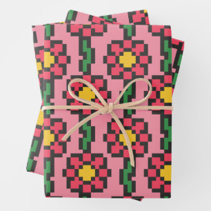 8-Bit Pixel Flower Pattern Wrapping Paper Sheet