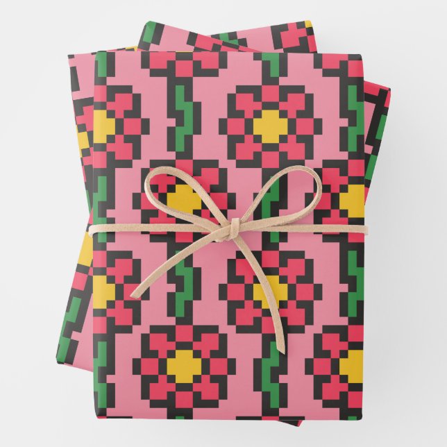 8-Bit Pixel Flower Pattern Wrapping Paper Sheet (In situ)
