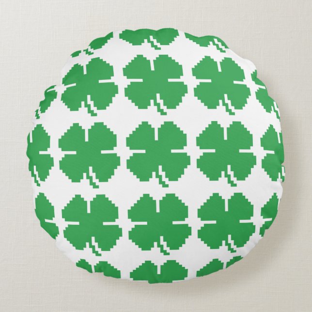 8 Bit Pixel Lucky Four Leaf Clover Round Cushion (Front)