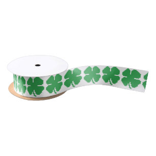 8 Bit Pixel Lucky Four Leaf Clover Satin Ribbon