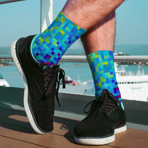   8-bit Pixel Pattern Abstract Cool Geeky Blue Red Socks