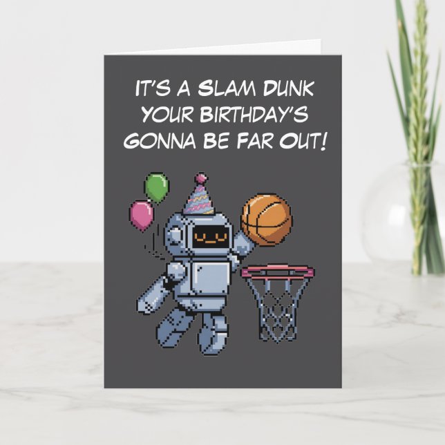 8 bit robot dunking baskertball  card (Front)