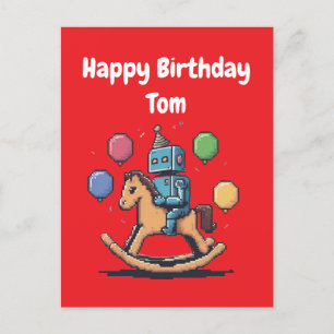 8 bit robot riding a rocking horse postcard