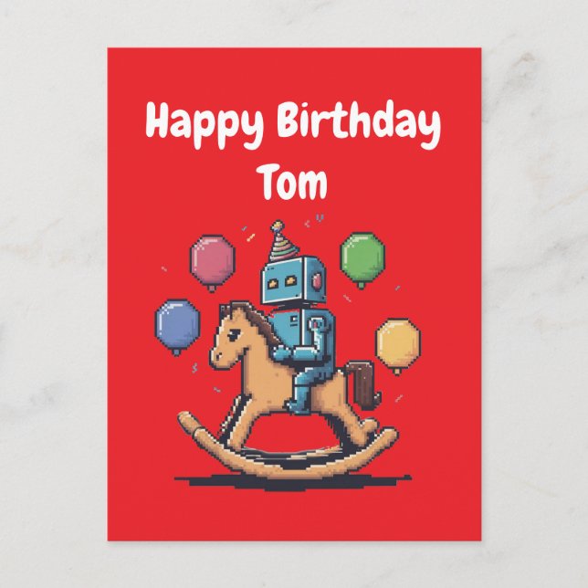 8 bit robot riding a rocking horse postcard (Front)