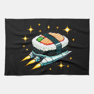 8-Bit Space Sushi Adventure - Retro Pixel Art Tea Towel
