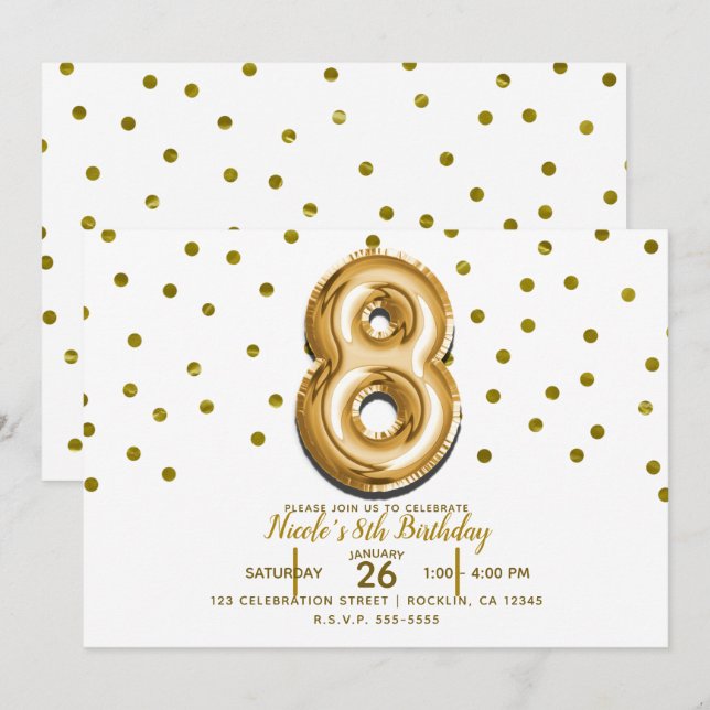 8 Eight Gold Balloon Confetti 8th Birthday Party Invitation (Front/Back)
