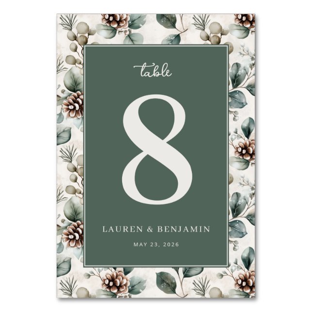 "8" Elegant Green Floral Table Number (Front)