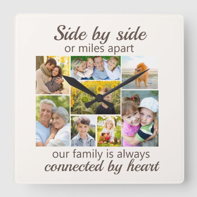 8 Family Photo Collage Connected by Heart Square Wall Clock (Front)